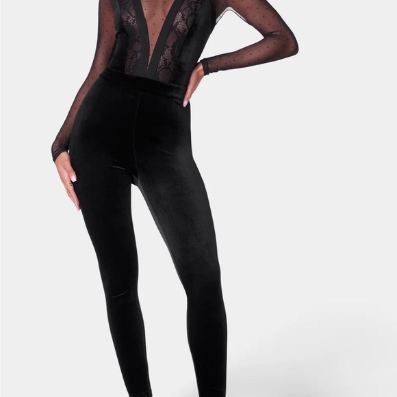 BEBE SWISS DOT COMBO VELOUR CATSUIT. - Picture 2 of 10